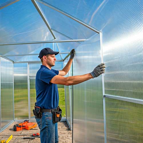 Skilled technician installing polycarbonate greenhouse panels with proper tools and safety equipment following best practices