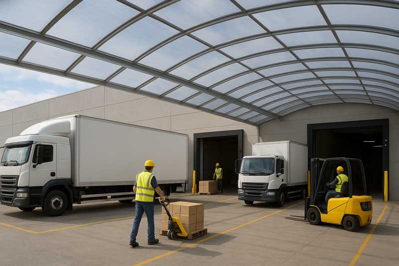 Truck loading dock featuring polycarbonate canopy providing weather protection and natural lighting for cargo operations