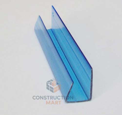 Constructionmart blue U-shaped profile sample used as an edge sealing trim for GTX twin wall polycarbonate panels, providing clean finish and protection from dust and moisture.