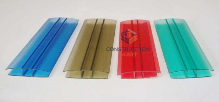 Collection of Constructionmart polycarbonate H profiles in multiple colors, showing variety for panel joining and decorative edge finishing.