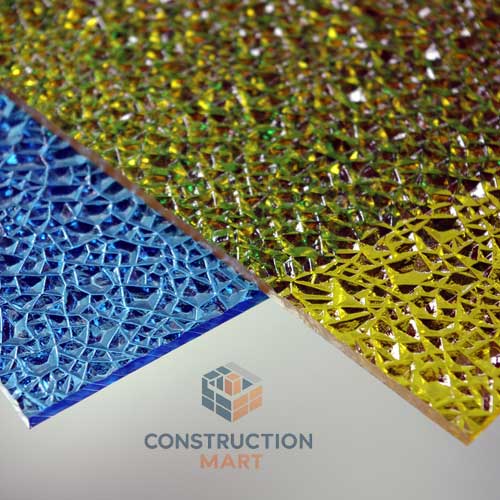 Two diamond-textured polycarbonate sheets from Constructionmart, one blue and one yellow, stacked together at sharp angles for a modern and eye-catching hero image.
