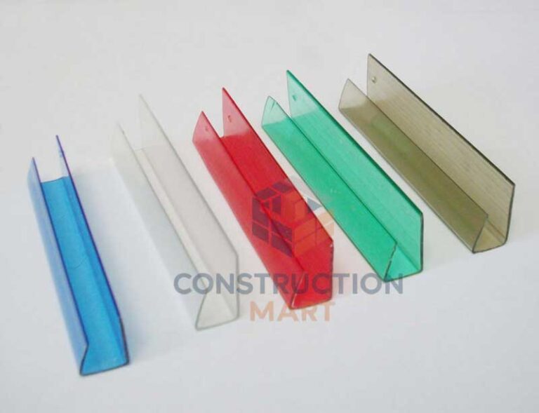 Assorted Constructionmart U-shaped profiles in various colors designed for sealing and finishing the edges of hollow twin wall polycarbonate sheets.