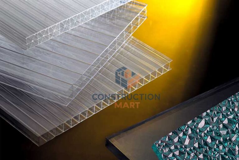 Display of various polycarbonate sheet types including solid, hollow, and embossed panels produced by Constructionmart
