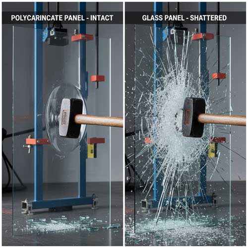Safety test demonstration showing polycarbonate panel withstanding impact while glass panel breaks, highlighting safety differences