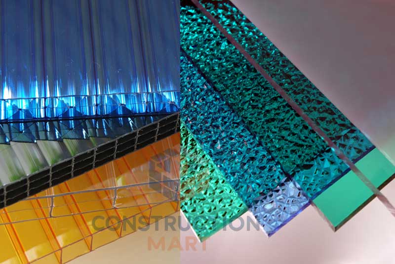 A collection of polycarbonate sheets including hollow, solid, and embossed types in various colors for roofing and construction use