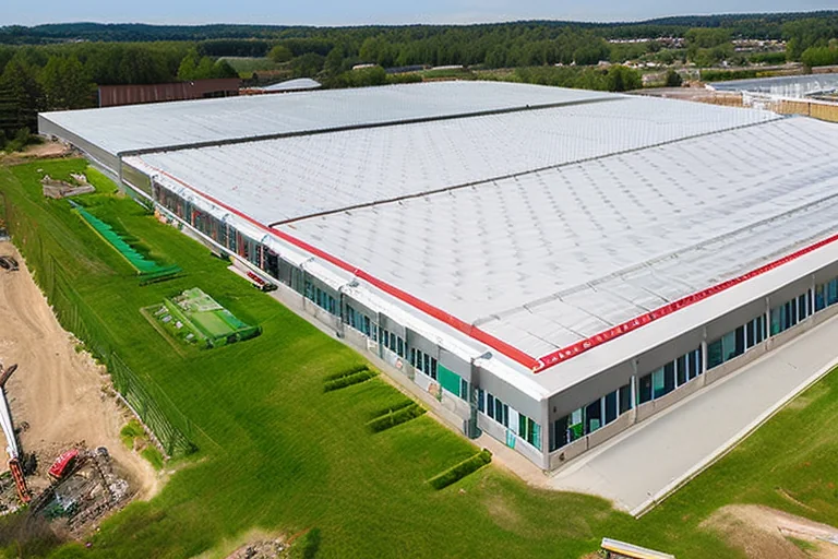 Sustainable commercial building featuring polycarbonate glazing and vegetative roof