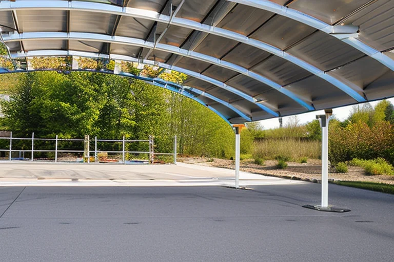 A large, curved polycarbonate car park canopy sheltering vehicles from sun and rain