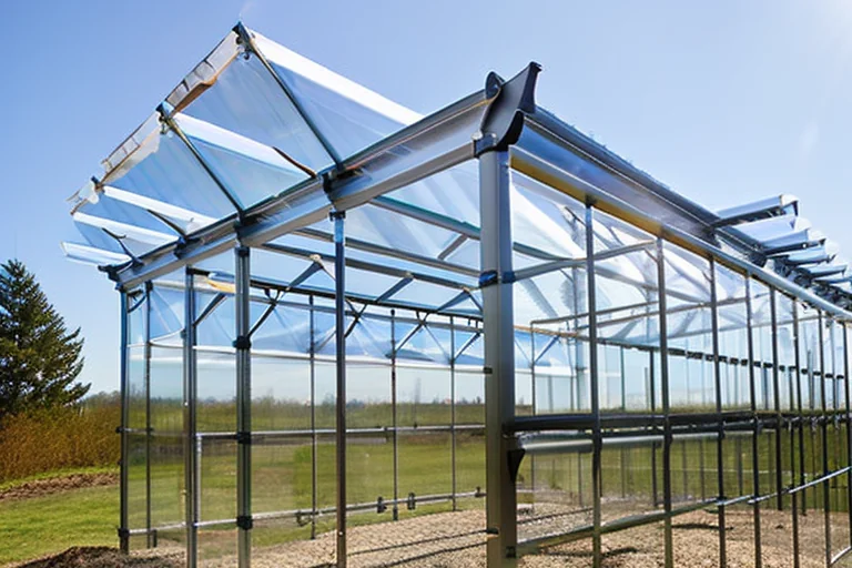 A large polycarbonate greenhouse with open roof vents for natural ventilation on a sunny day.