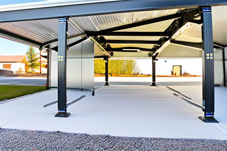 A large, clear polycarbonate RV carport sheltering a motorhome from sun and rain.