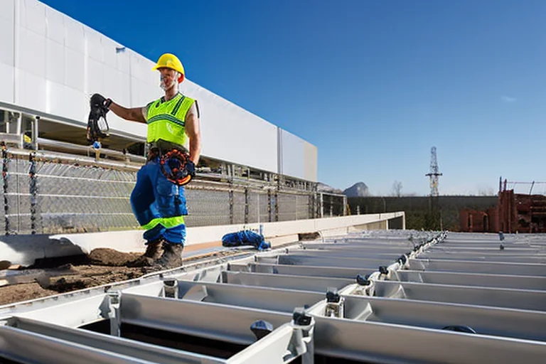 Close-up of a construction worker using a drill to fasten a polycarbonate sheet with a screw and sealing washer