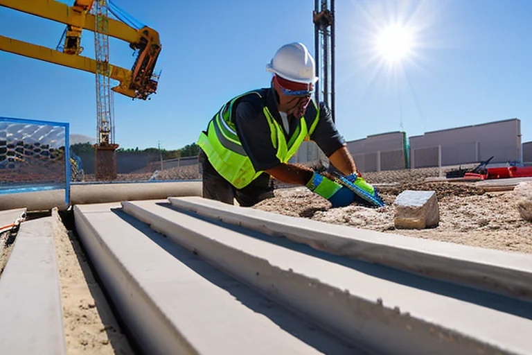 Construction worker leveling concrete footing for polycarbonate greenhouse or carport base