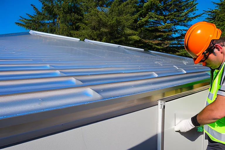 Contractor carefully removing a cracked polycarbonate sheet from a metal frame structure